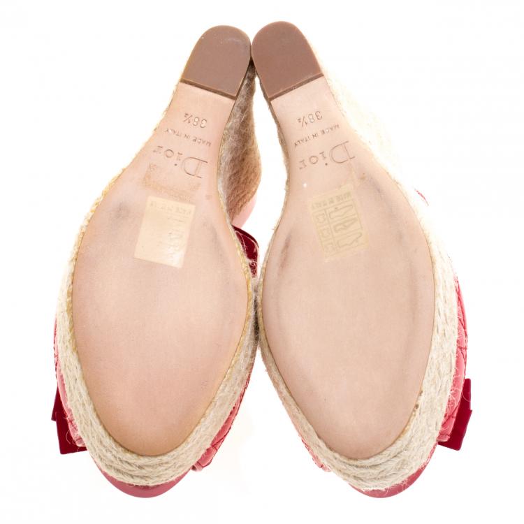 Pre Owned Dior Coral Red Patent Cannage Leather Espadrille Wedge Sandals Size 38.5