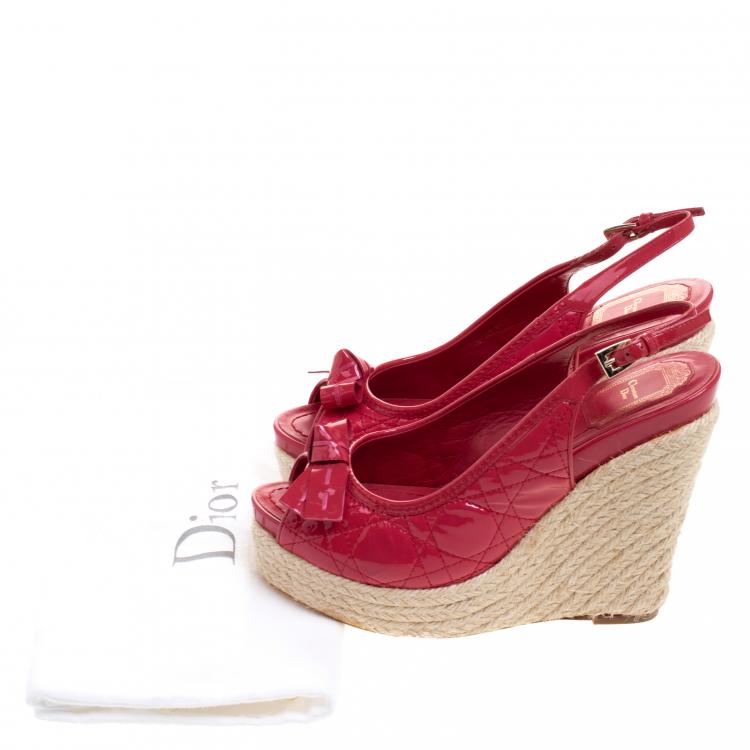 Pre Owned Dior Coral Red Patent Cannage Leather Espadrille Wedge Sandals Size 38.5