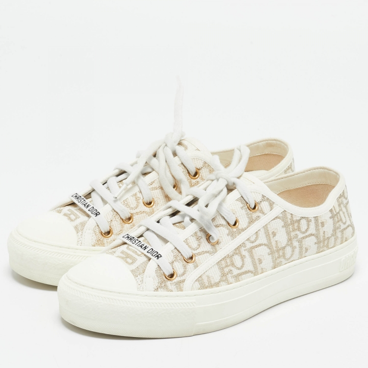 Pre Owned Dior Gold/White Oblique Canvas Walk'n'Dior Low Top Sneakers Size 38.5