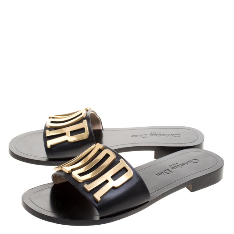 Pre Owned Dior Black Leather Diorevolution Flat Slides Size 38