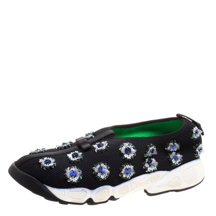 Pre Owned Dior Black Floral Sequins Embellished Mesh Fusion Sneakers Size 38.5