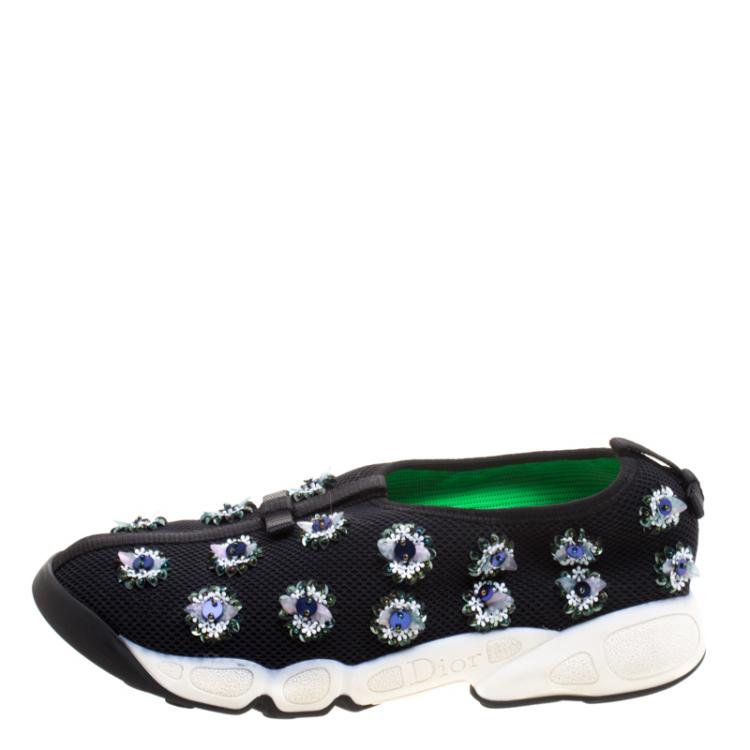 Pre Owned Dior Black Floral Sequins Embellished Mesh Fusion Sneakers Size 38.5
