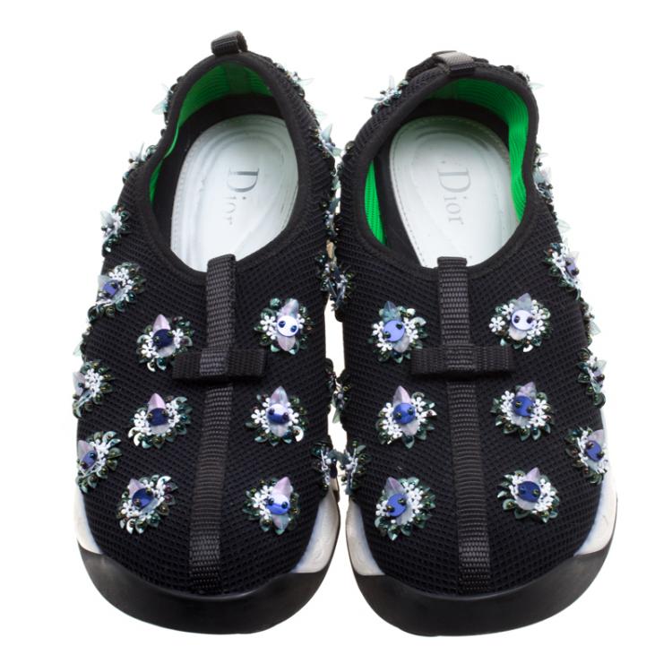 Pre Owned Dior Black Floral Sequins Embellished Mesh Fusion Sneakers Size 38.5