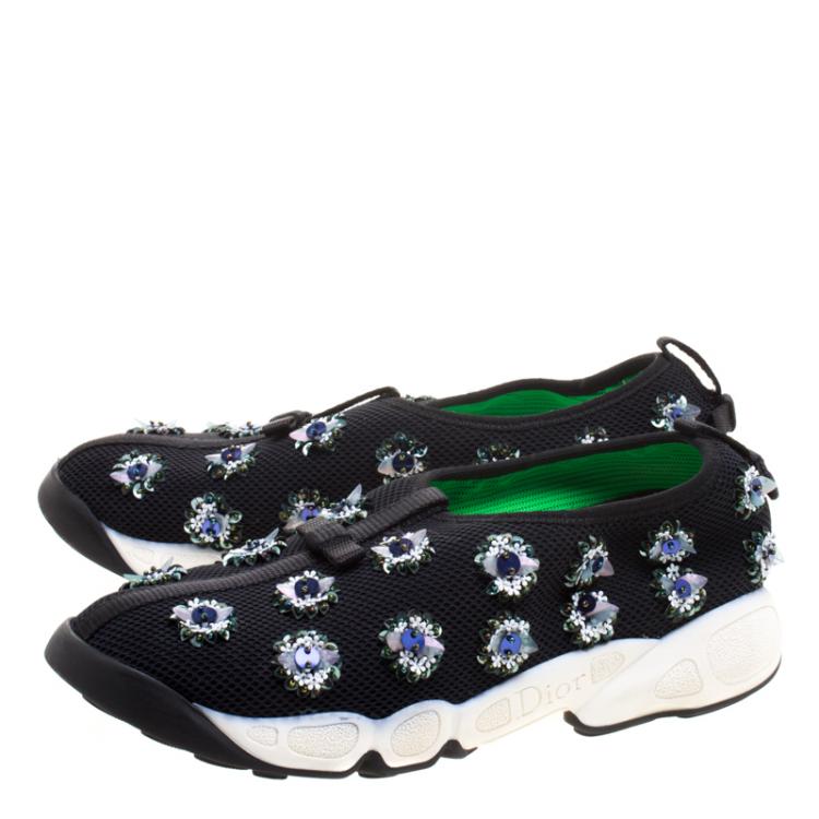 Pre Owned Dior Black Floral Sequins Embellished Mesh Fusion Sneakers Size 38.5