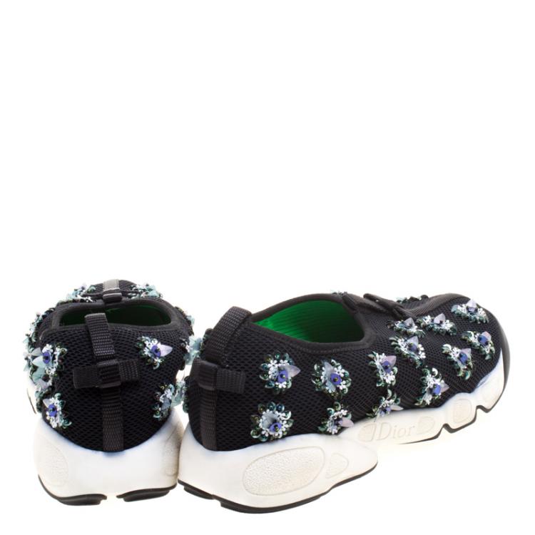 Pre Owned Dior Black Floral Sequins Embellished Mesh Fusion Sneakers Size 38.5