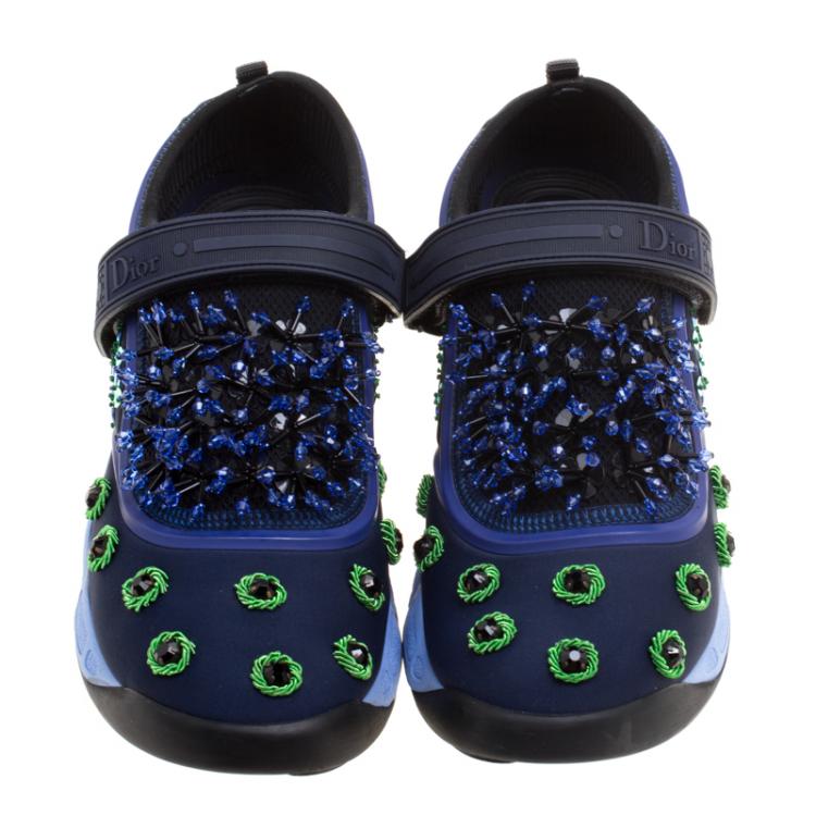 Pre Owned Dior Blue Crystal And Sequins Embellished Fabric Fusion Sneakers Size 37.5
