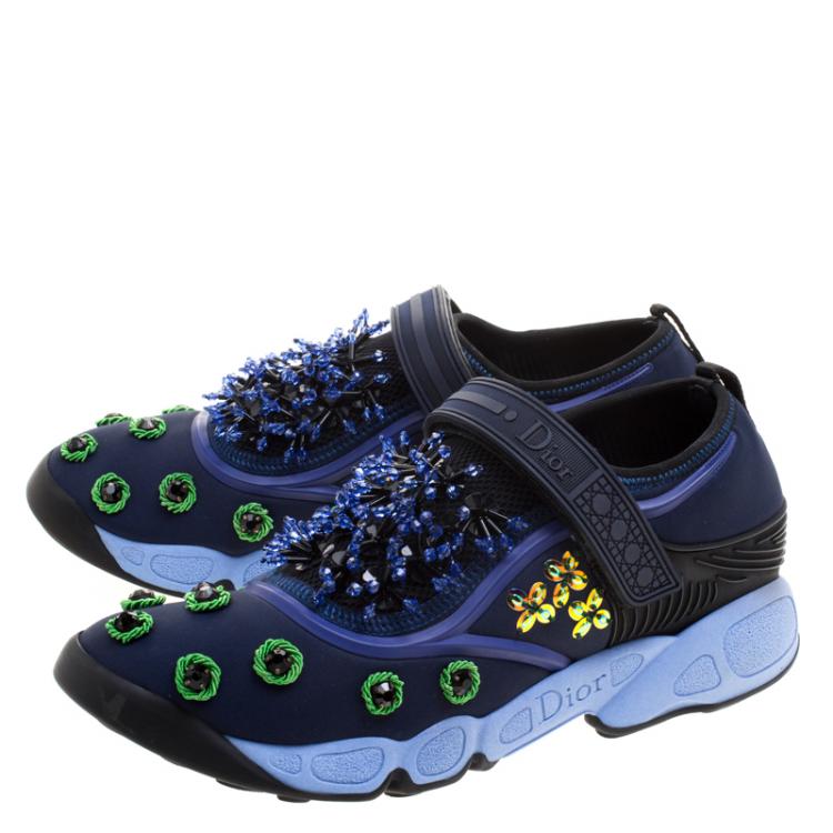 Pre Owned Dior Blue Crystal And Sequins Embellished Fabric Fusion Sneakers Size 37.5