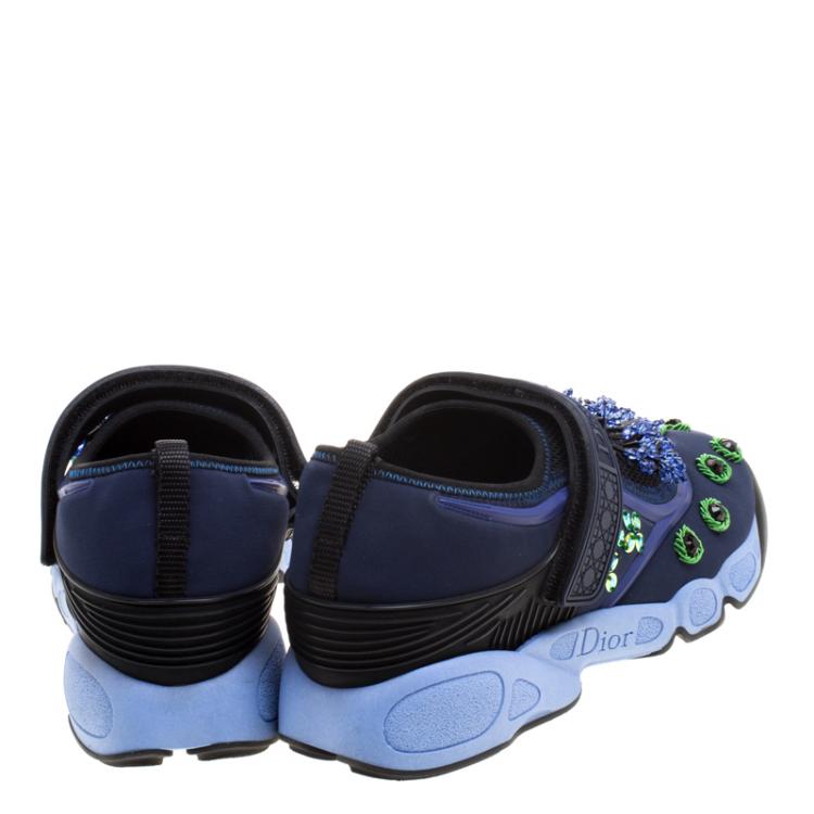 Pre Owned Dior Blue Crystal And Sequins Embellished Fabric Fusion Sneakers Size 37.5