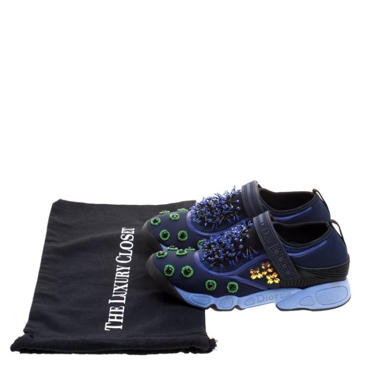 Pre Owned Dior Blue Crystal And Sequins Embellished Fabric Fusion Sneakers Size 37.5