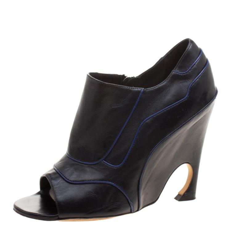 Pre Owned Dior Black Leather Songe Peep Toe Booties Size 37.5