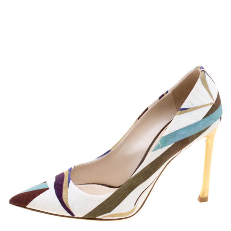 Pre Owned Dior Cream Abstract Print Canvas Pointed Toe Pumps Size 37.5