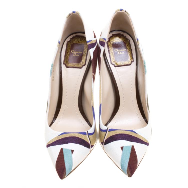 Pre Owned Dior Cream Abstract Print Canvas Pointed Toe Pumps Size 37.5
