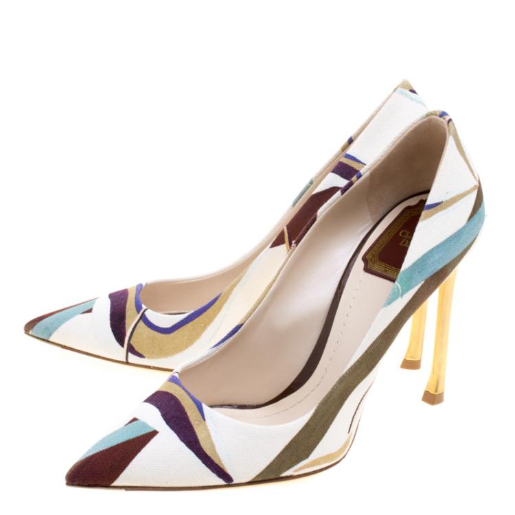Pre Owned Dior Cream Abstract Print Canvas Pointed Toe Pumps Size 37.5