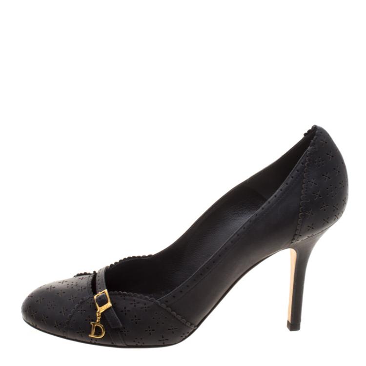 Pre Owned Dior Black Perforated Leather Buckle Pumps Size 39