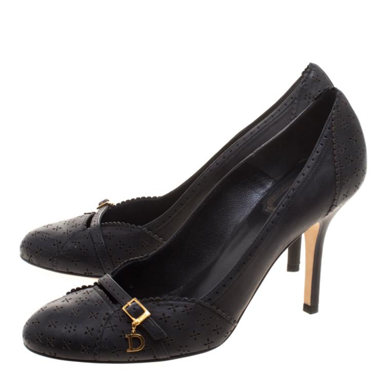 Pre Owned Dior Black Perforated Leather Buckle Pumps Size 39