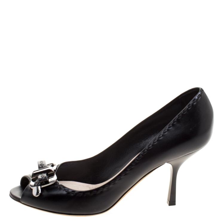 Pre Owned Dior Black Leather Bow Peep Toe Pumps Size 40