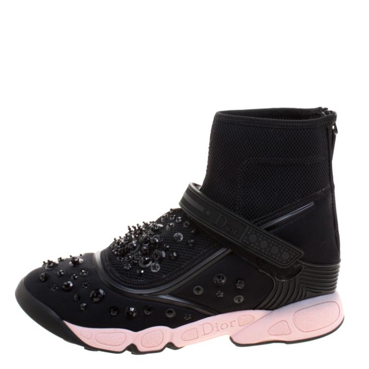 Pre Owned Dior Black Embellished Fabric Techno Fusion High Top Sneakers Size 39