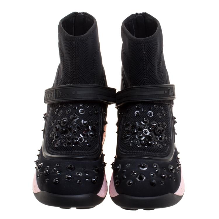 Pre Owned Dior Black Embellished Fabric Techno Fusion High Top Sneakers Size 39