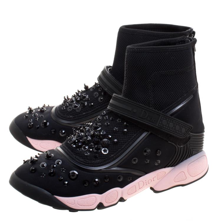 Pre Owned Dior Black Embellished Fabric Techno Fusion High Top Sneakers Size 39