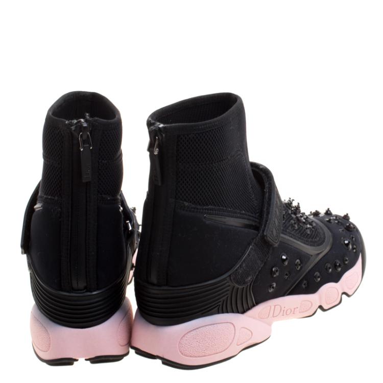 Pre Owned Dior Black Embellished Fabric Techno Fusion High Top Sneakers Size 39