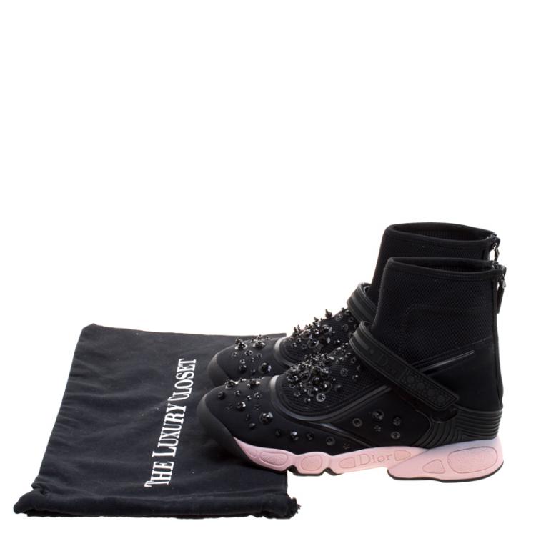 Pre Owned Dior Black Embellished Fabric Techno Fusion High Top Sneakers Size 39