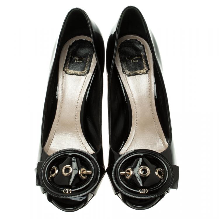 Pre Owned Dior Black Patent Leather Buckle Peep Toe Pumps Size 39