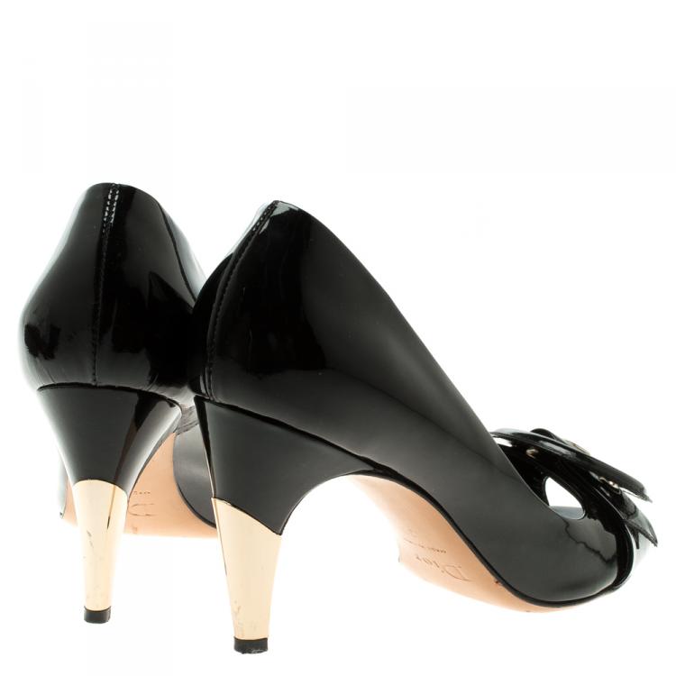 Pre Owned Dior Black Patent Leather Buckle Peep Toe Pumps Size 39