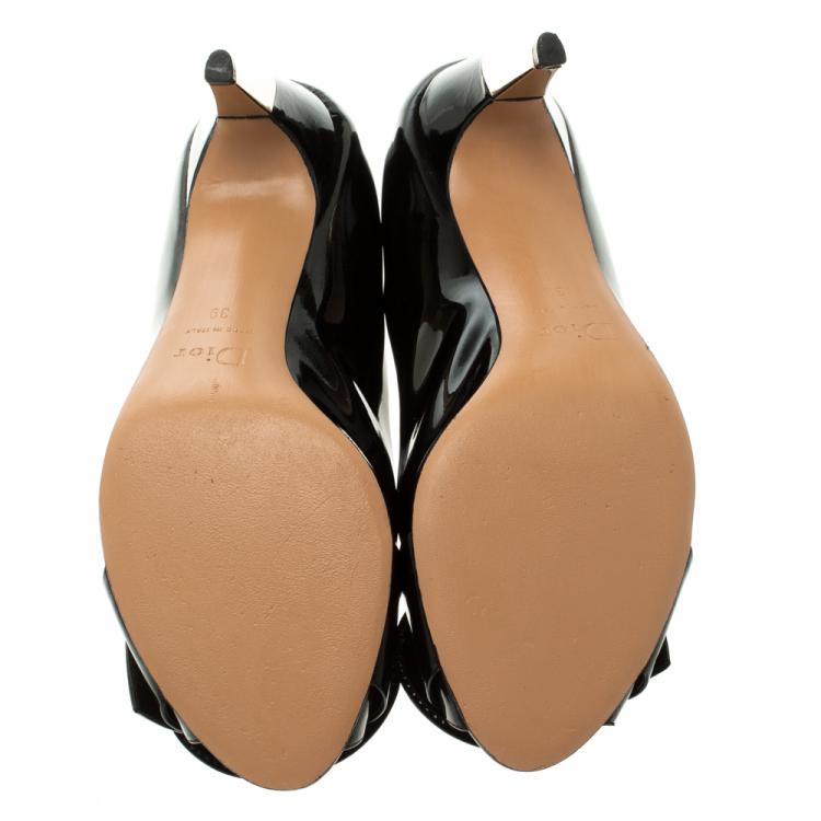 Pre Owned Dior Black Patent Leather Buckle Peep Toe Pumps Size 39