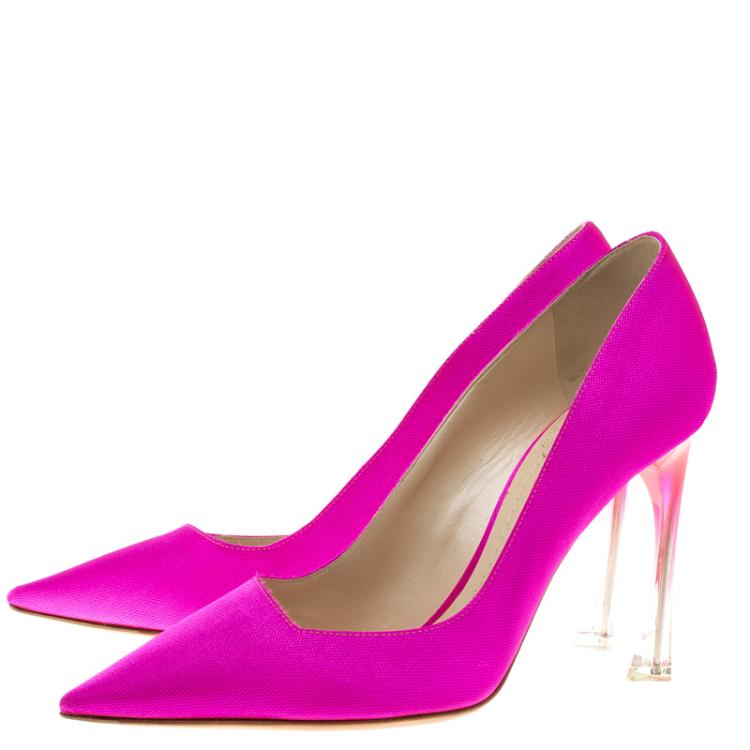 Pre Owned Dior Fuchsia Pink Canvas Flare Heel Pointed Toe Pumps Size 38