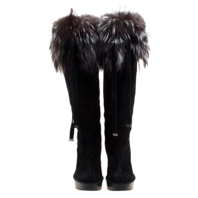 Pre Owned Dior Black Cannage Suede Fox Fur Trim Knee High Wedge Boots Size 38.5
