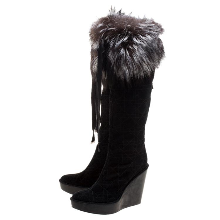 Pre Owned Dior Black Cannage Suede Fox Fur Trim Knee High Wedge Boots Size 38.5
