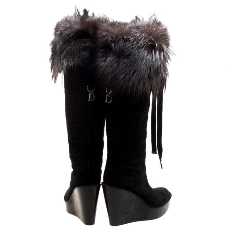 Pre Owned Dior Black Cannage Suede Fox Fur Trim Knee High Wedge Boots Size 38.5