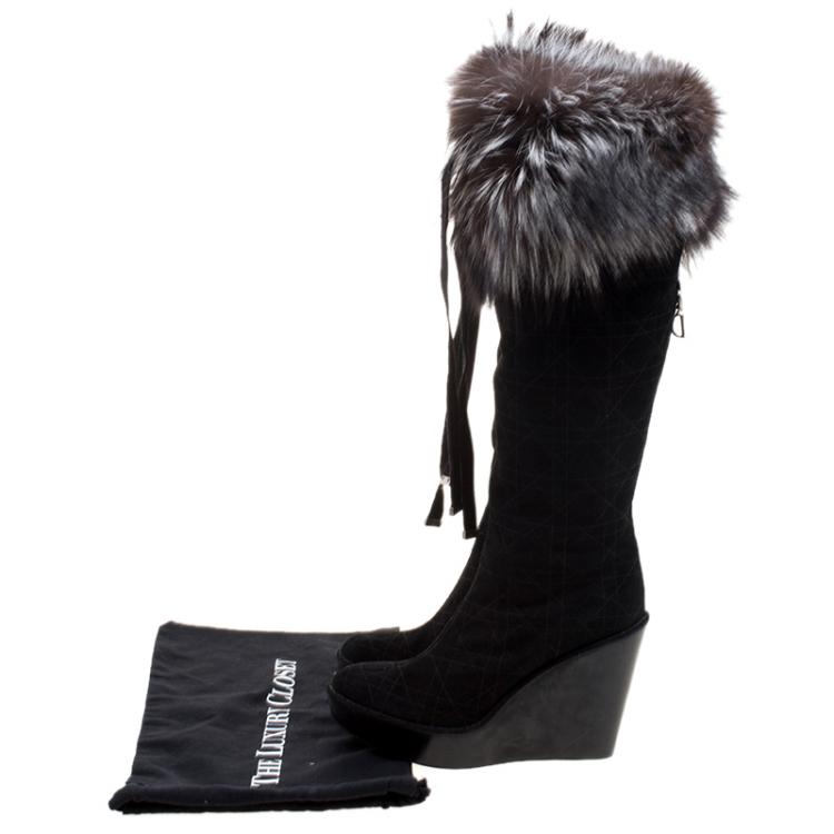 Pre Owned Dior Black Cannage Suede Fox Fur Trim Knee High Wedge Boots Size 38.5