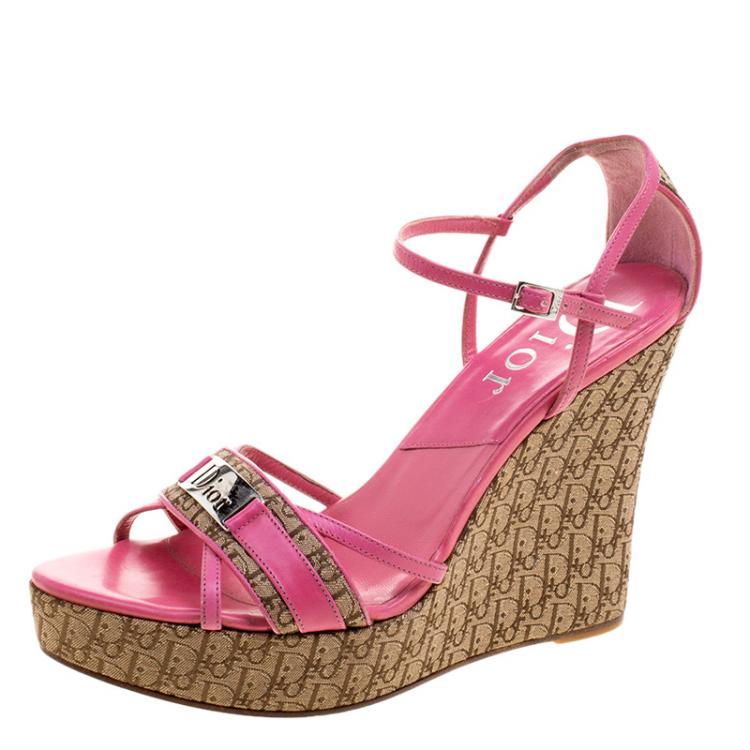 Pre Owned Dior Pink Leather and Canvas Diorissimo Wedge Sandals Size 39