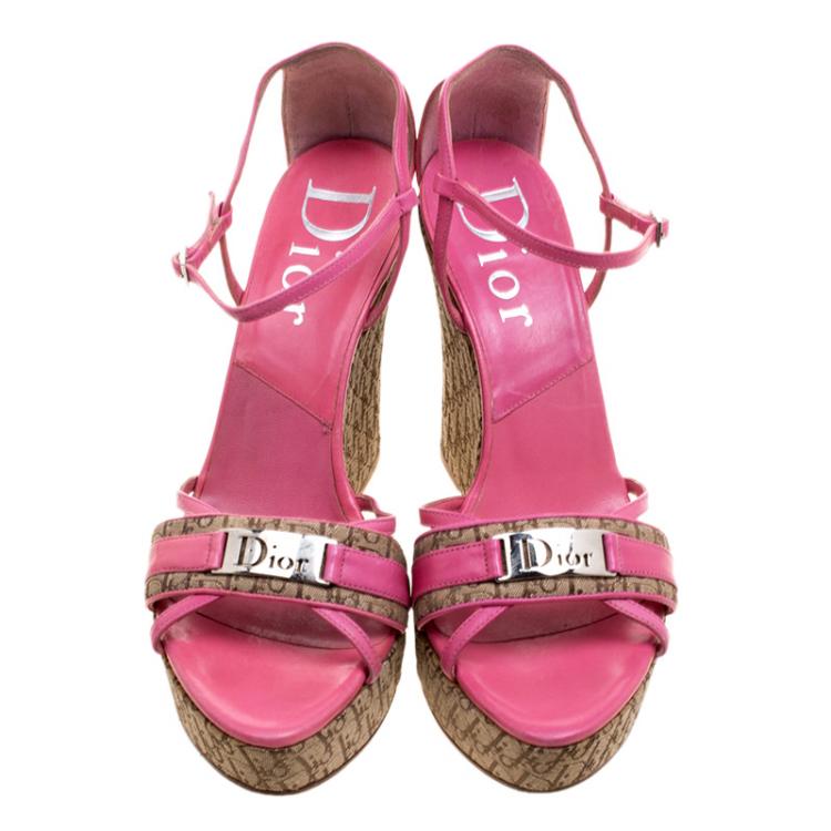 Pre Owned Dior Pink Leather and Canvas Diorissimo Wedge Sandals Size 39