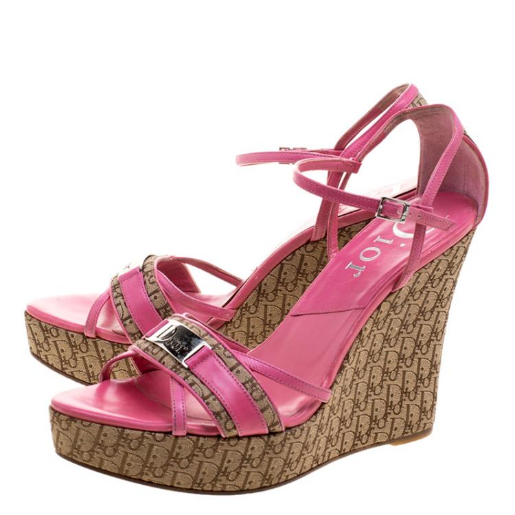 Pre Owned Dior Pink Leather and Canvas Diorissimo Wedge Sandals Size 39