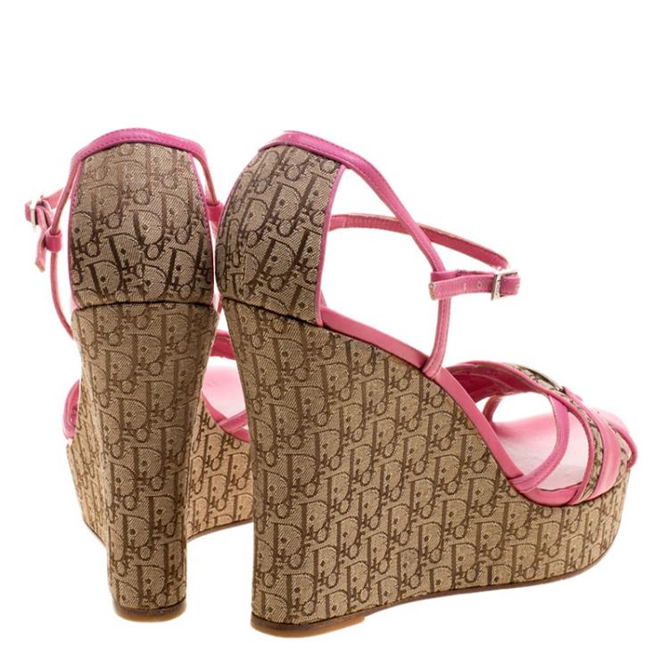 Pre Owned Dior Pink Leather and Canvas Diorissimo Wedge Sandals Size 39