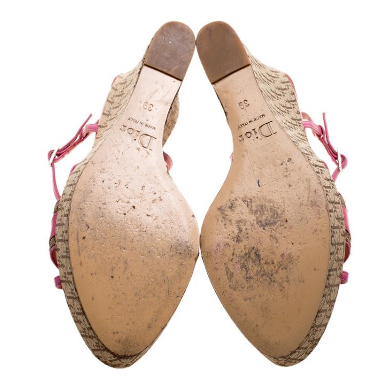 Pre Owned Dior Pink Leather and Canvas Diorissimo Wedge Sandals Size 39