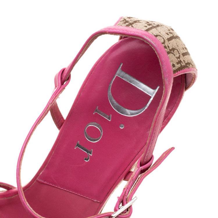 Pre Owned Dior Pink Leather and Canvas Diorissimo Wedge Sandals Size 39