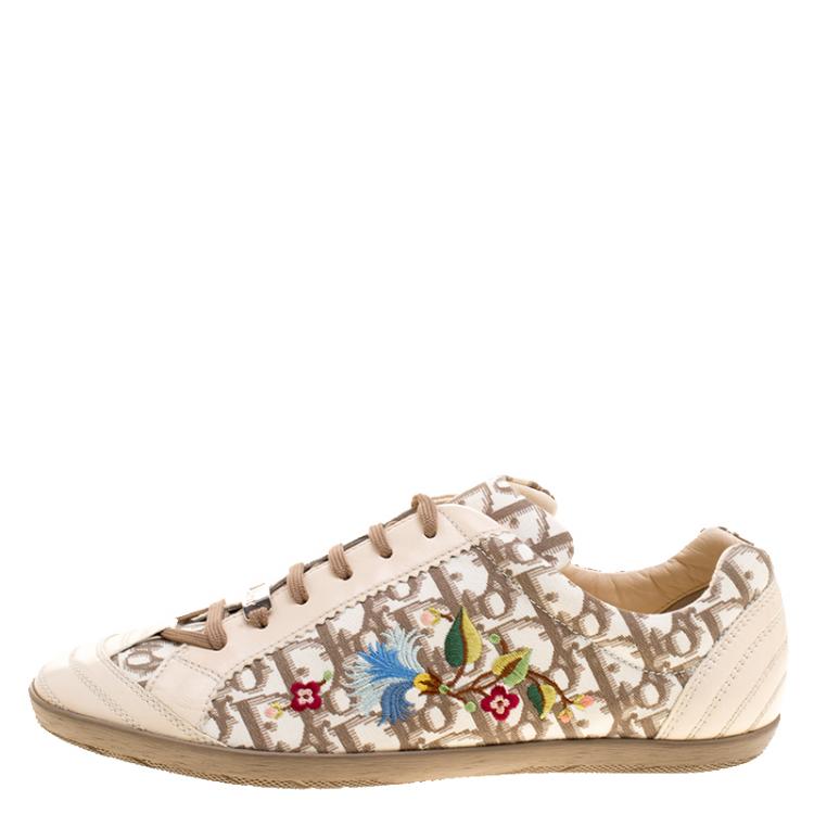 Pre Owned Dior Cream Leather and Floral Embroidered Canvas Lace Up Sneakers Size 40.5