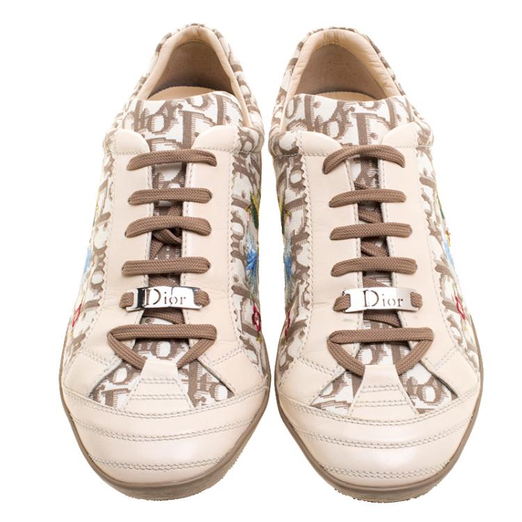 Pre Owned Dior Cream Leather and Floral Embroidered Canvas Lace Up Sneakers Size 40.5