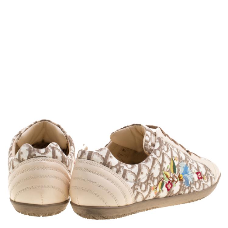 Pre Owned Dior Cream Leather and Floral Embroidered Canvas Lace Up Sneakers Size 40.5