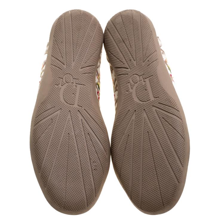 Pre Owned Dior Cream Leather and Floral Embroidered Canvas Lace Up Sneakers Size 40.5