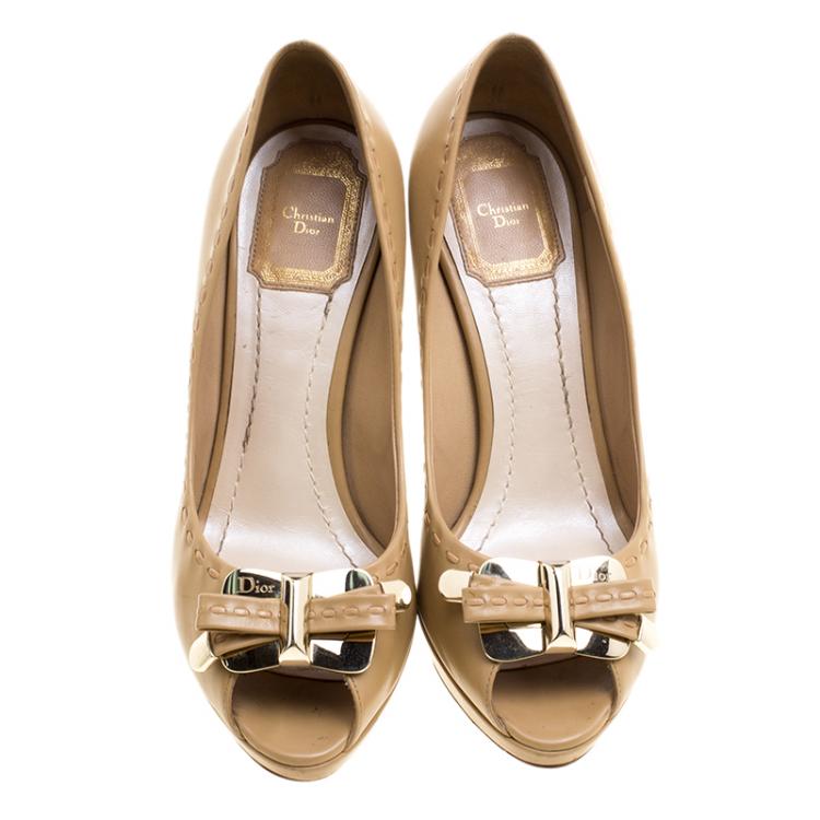 Pre Owned Dior Light Brown Leather Bow Peep Toe Platform Pumps Size 37