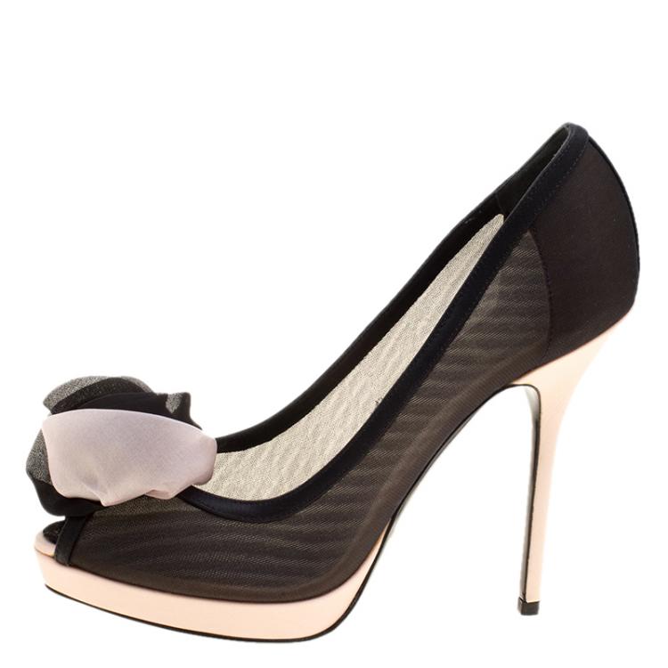 Pre Owned Dior Black/Blush Pink Mesh and Satin Chiffon Flower Peep Toe Platform Pumps Size 38