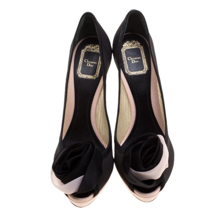 Pre Owned Dior Black/Blush Pink Mesh and Satin Chiffon Flower Peep Toe Platform Pumps Size 38