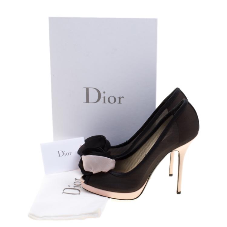 Pre Owned Dior Black/Blush Pink Mesh and Satin Chiffon Flower Peep Toe Platform Pumps Size 38