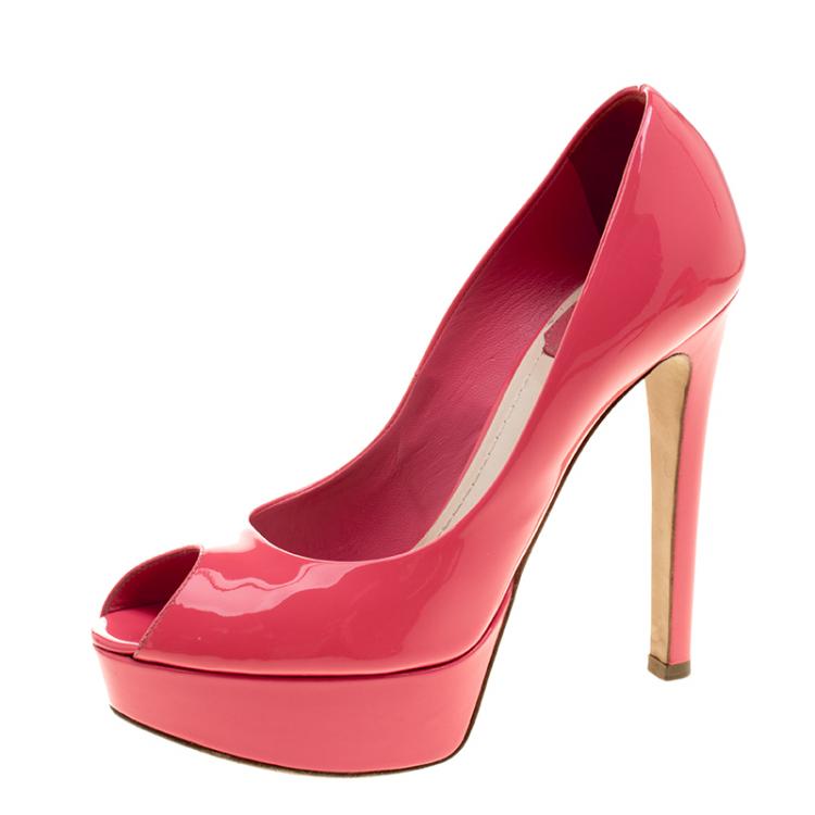 Pre Owned Dior Corail Patent Leather Miss Dior Peep Toe Platform Pumps Size 35.5