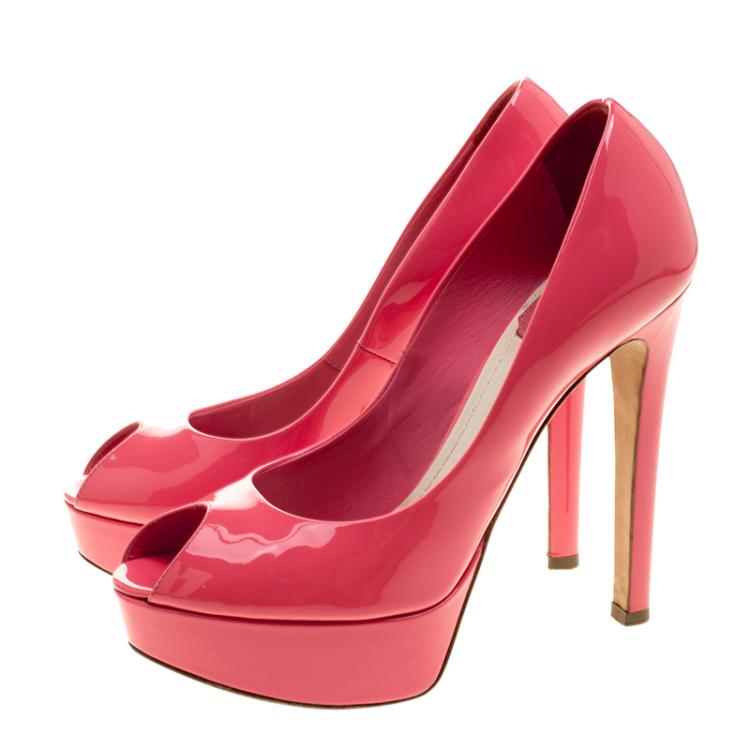 Pre Owned Dior Corail Patent Leather Miss Dior Peep Toe Platform Pumps Size 35.5