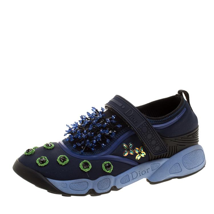 Pre Owned Dior Blue Crystal And Sequins Embellished Fabric Fusion Sneakers Size 36